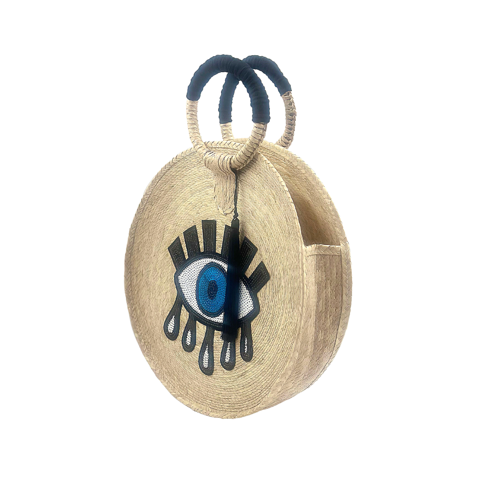 Turkish Eye Sequin Motif  Round Palm Leaf Bag