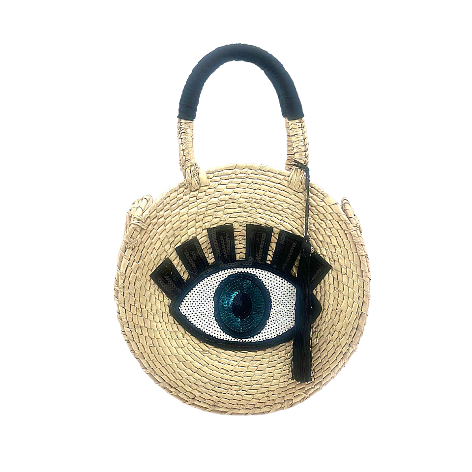 Turkish Eye Sequin Motif  Round Woven Palm Leaf Bag