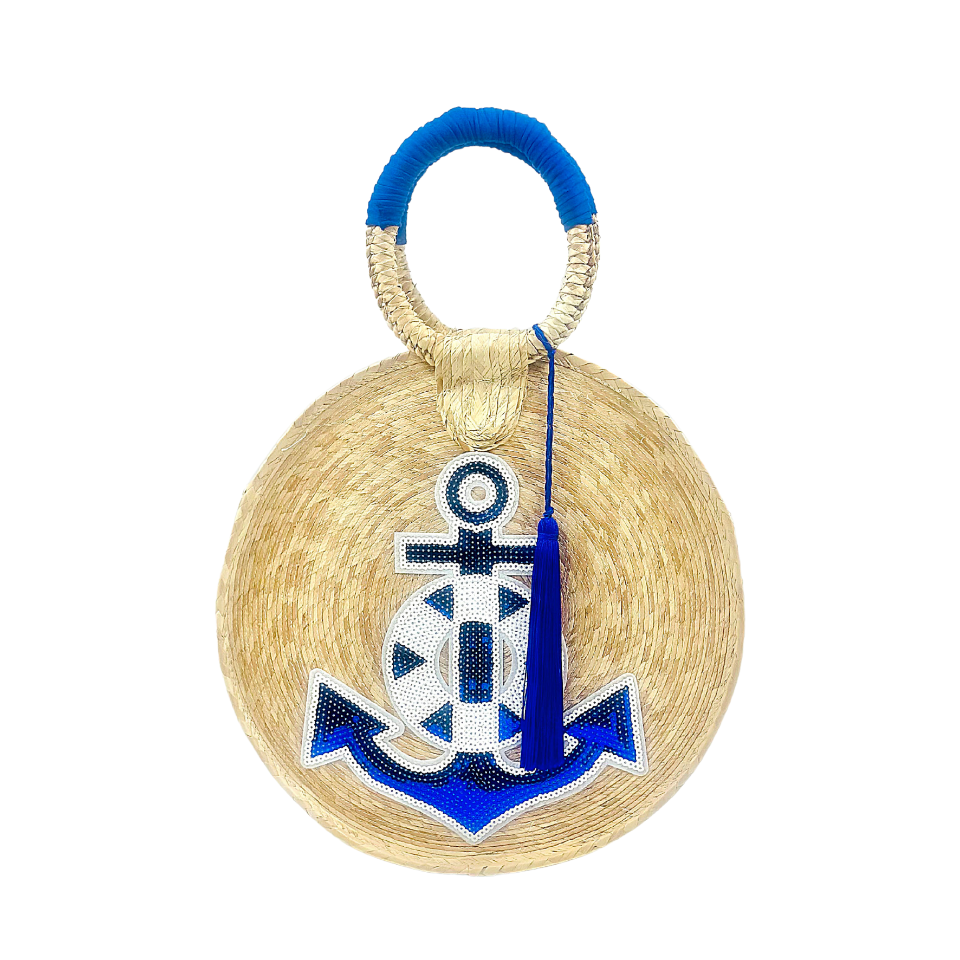 Anchor Sequin Motif  Round Palm Leaf Bag