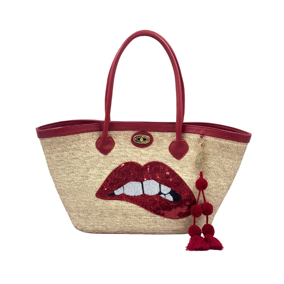 Lips Sequin Motif Palm Leaf Bag