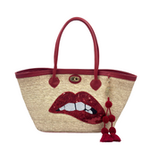 Lips Sequin Motif Palm Leaf Bag