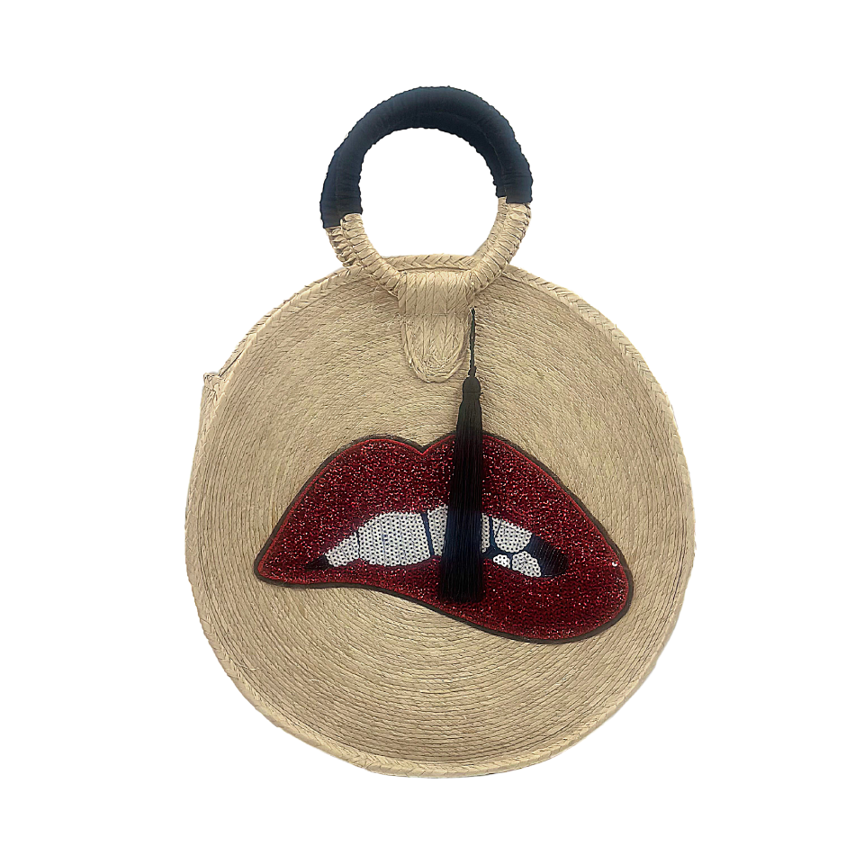 Lips Sequin Motif  Round Palm Leaf Bag