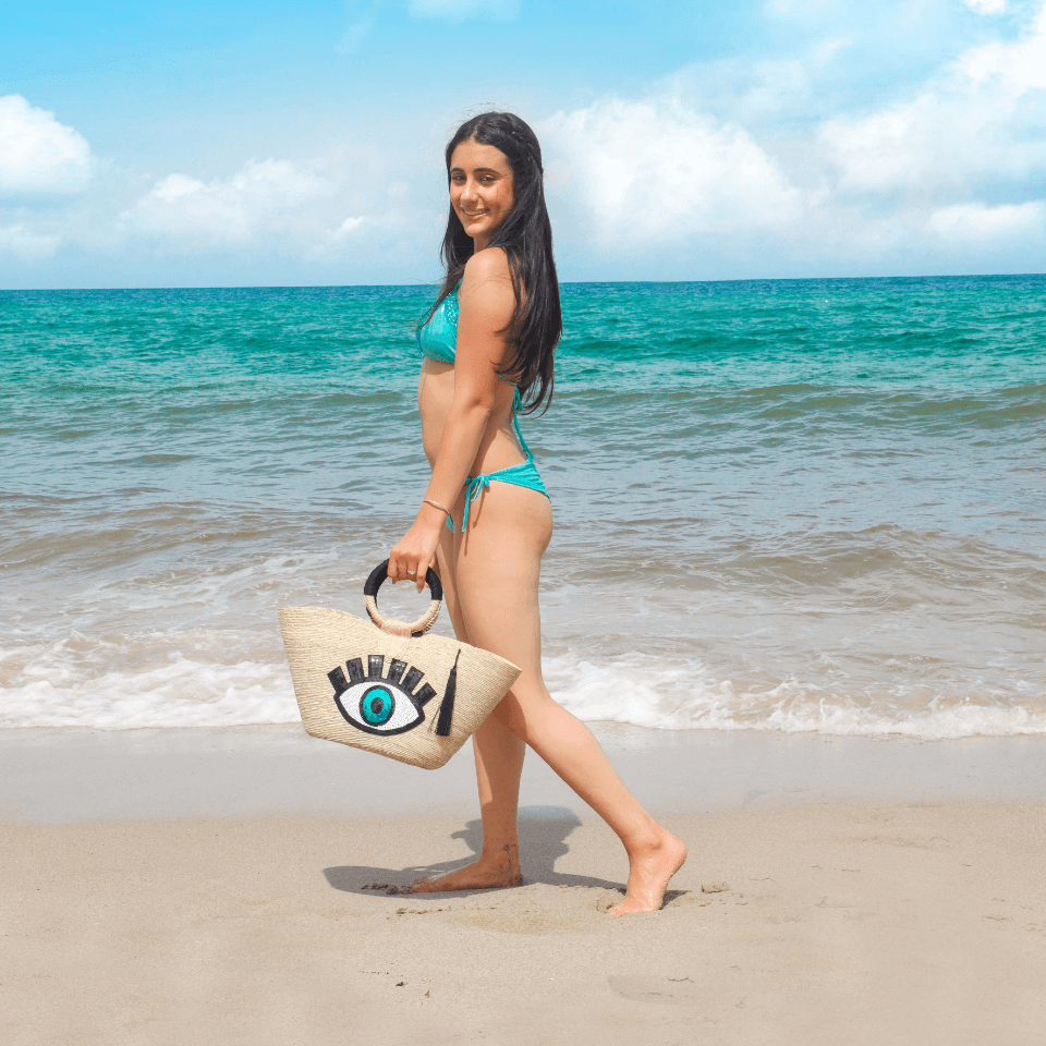 Straw Beach Bag with Evil Eye