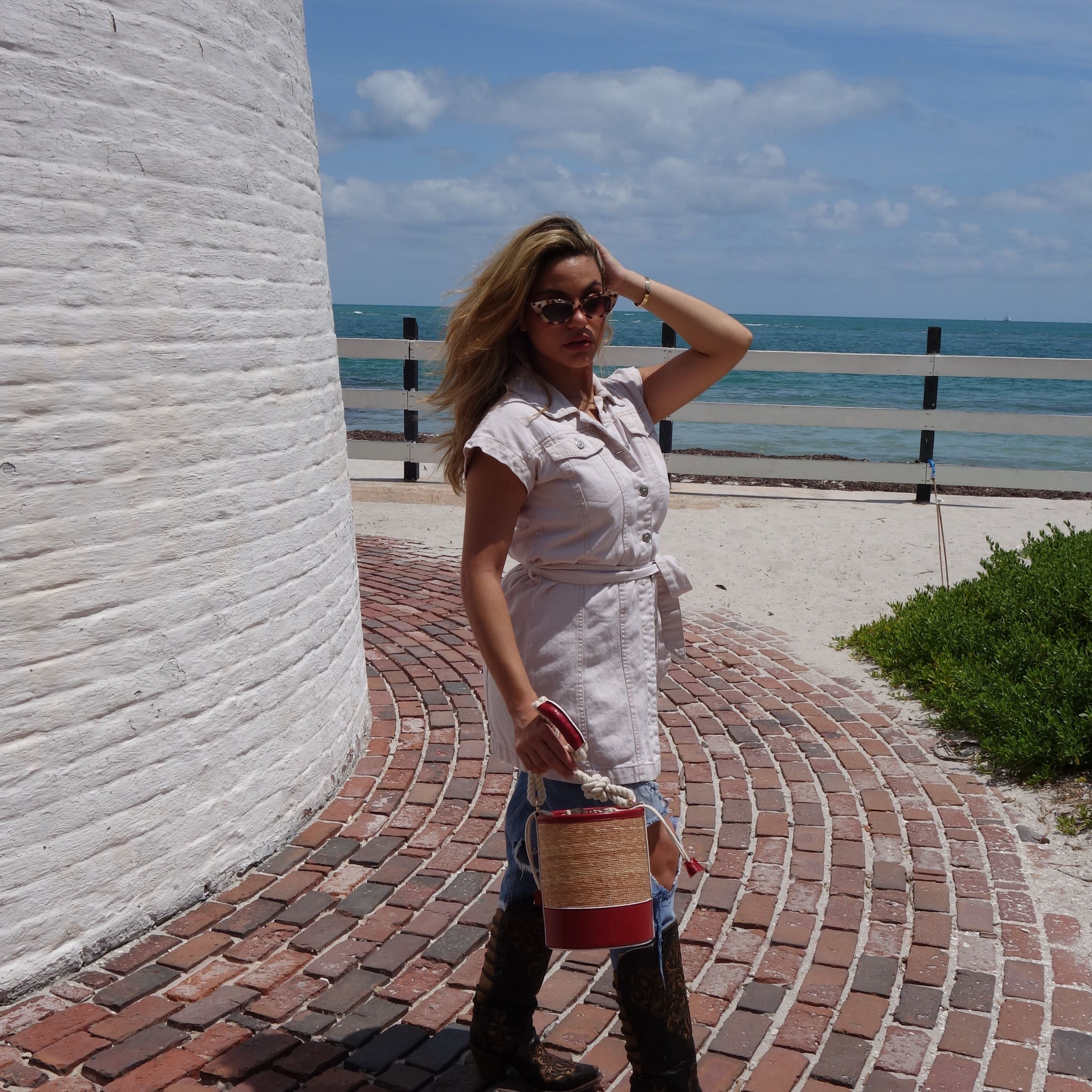 Monaco straw and leather small bucket handbag