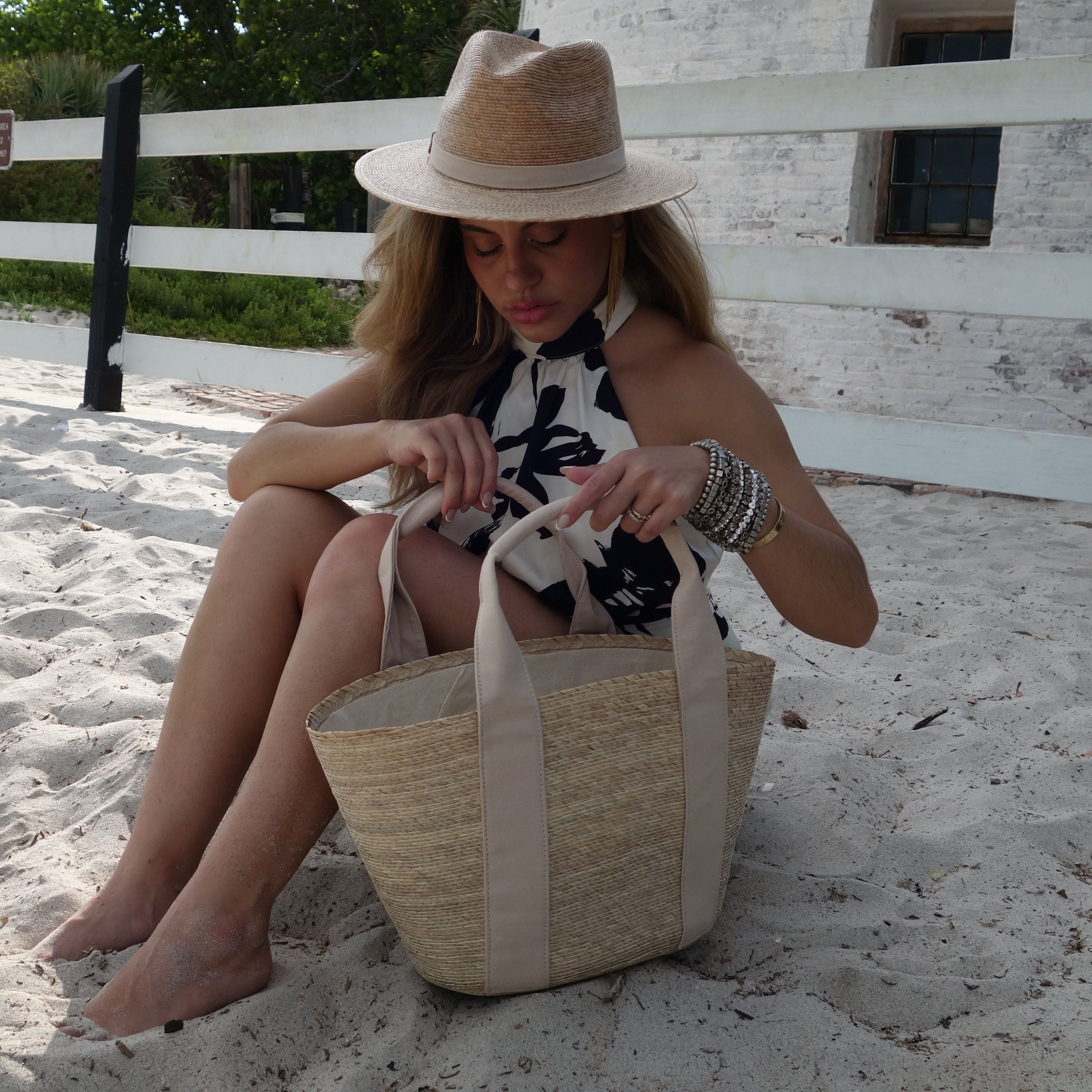 St Barth's straw and cotton beach bag
