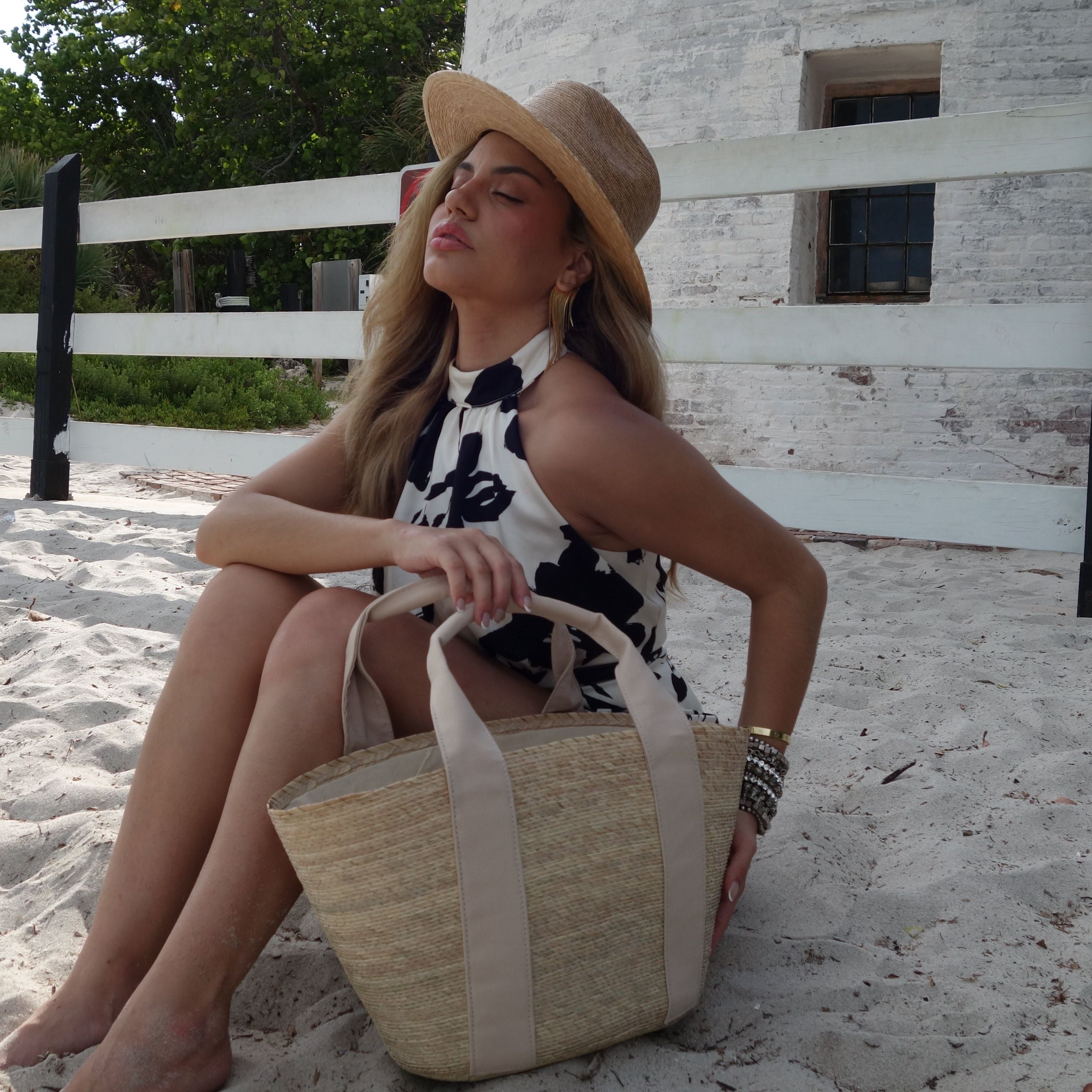 St Barth's straw and cotton beach bag