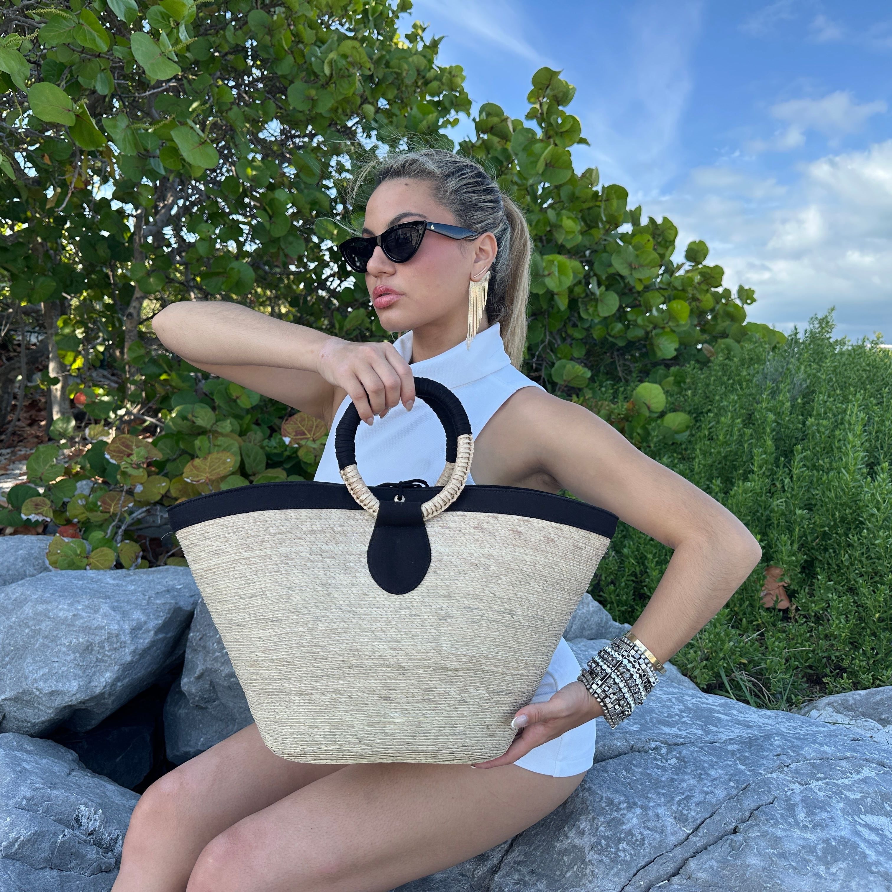 Cancun straw and cotton beach tote handbag