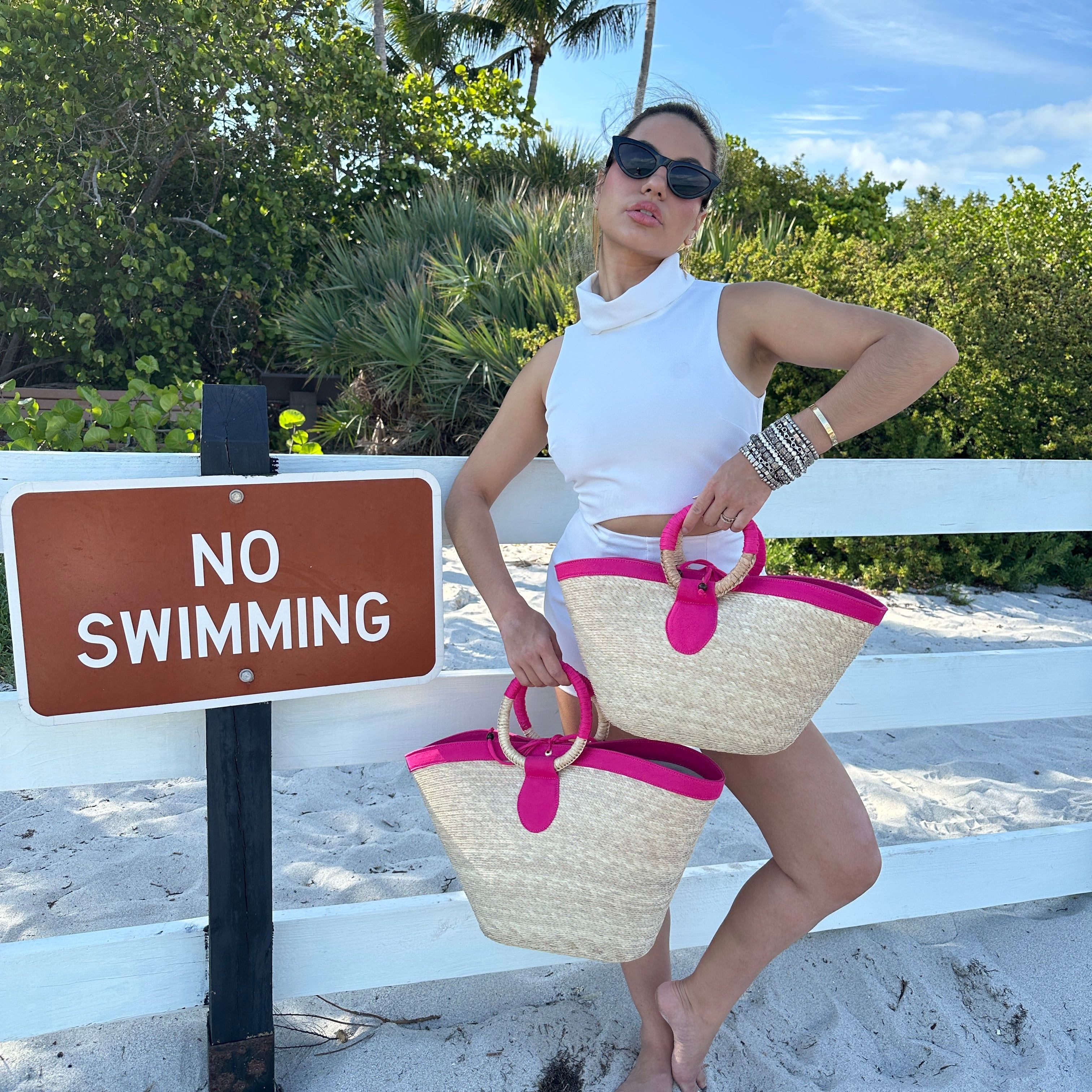 Cancun straw and cotton beach tote handbag
